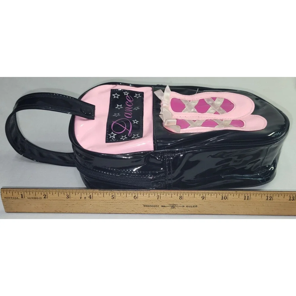 Vintage Dance Shoe Bag Pink Black Patent Slipper Graphic Zip Pouch Y2K